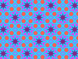 Modern geometric pattern in purple, magenta, orange, and blue colors. Bright kaleidoscopic print for fabric design, wrapping paper, stationery. Repeating textile pattern with stars.