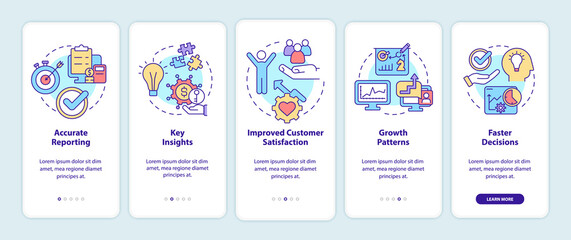 Business tools advantages onboarding mobile app screen. Key insights walkthrough 5 steps graphic instructions pages with linear concepts. UI, UX, GUI template. Myriad Pro-Bold, Regular fonts used