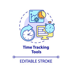 Time tracking tools concept icon. Business software abstract idea thin line illustration. Monitor team progress. Isolated outline drawing. Editable stroke. Roboto-Medium, Myriad Pro-Bold fonts used