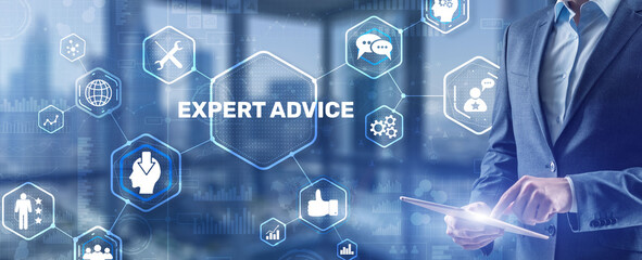 Businessman touching finger on the virtual screen and selecting Expert advice