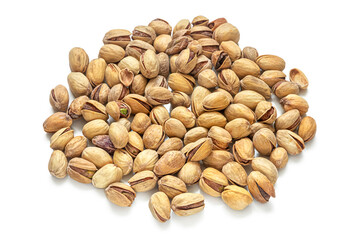 Salted pistachio nuts for a quick snack, on a white background