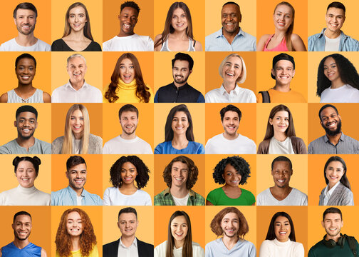 Multiracial people posing on orange studio backgrounds, collection of portraits