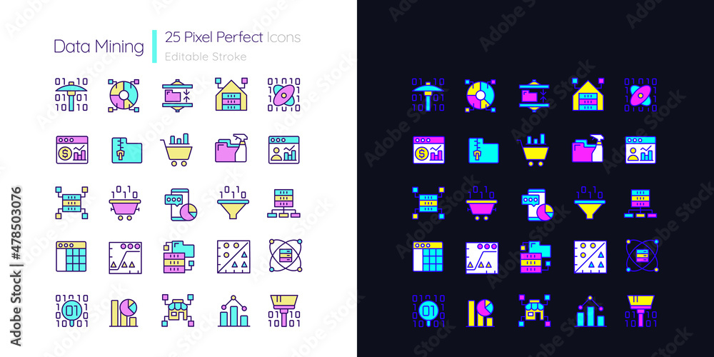 Poster data mining light and dark theme rgb color pixel perfect icons set. knowledge discovering in data. s