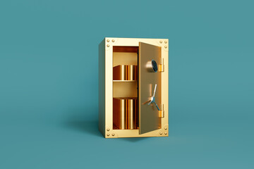 Realistic gold safe with an open lid. 3d render illustration on mint background. - obrazy, fototapety, plakaty