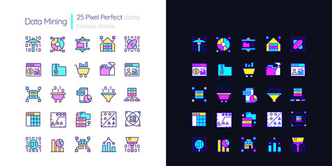 Data mining light and dark theme RGB color pixel perfect icons set. Knowledge discovering in data. Simple filled line drawings pack on white and black space. Editable stroke. Quicksand-Light font used