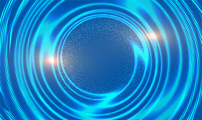 Abstract technology swirl circle background, glowing spiral, neon style. Abstract blue background with scintillating circles and gloss. Blue luminous swirling backdrop. Elegant glowing circle. Vector