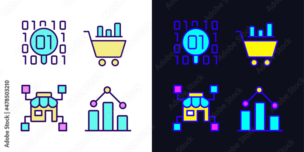 Poster retail data mining and analytics light and dark theme rgb color pixel perfect icons set. virtual mar