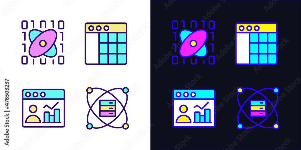 Poster science data mining light and dark theme rgb color pixel perfect icons set. tools for virtual resear