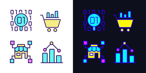 Retail data mining and analytics light and dark theme RGB color pixel perfect icons set. Virtual marketing researching. Digital business tool. Simple filled line drawings pack on white and black space
