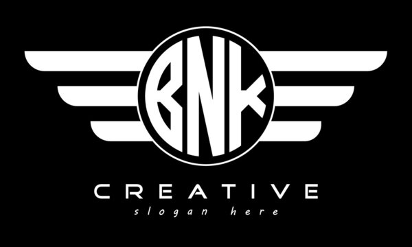 BNK three letter monogram type circle letter logo with wings vector template.