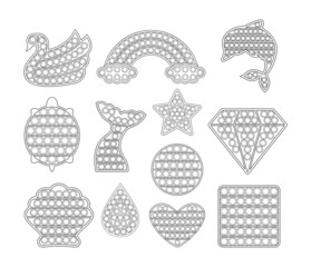 Pop It Fidget Toy. Set. Isolated Icons. Flat Cartoon style. Outline. Template. Black and White color. Simple design. Illustration for Little Children. White background. Vector.