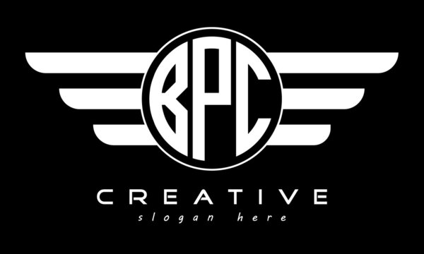 BPC three letter monogram type circle letter logo with wings vector template.