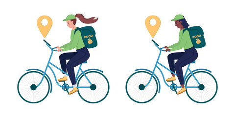 Delivery woman on bike semi flat color vector character set. Posing figure. Full body people on white. Shipping isolated modern cartoon style illustration for graphic design and animation bundle