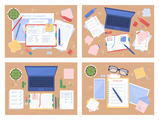 Study tablespace flat color vector illustration set. Planning events. Laptop with notebooks. Textbooks with checklists. Top view 2D cartoon illustration with desktop on background collection