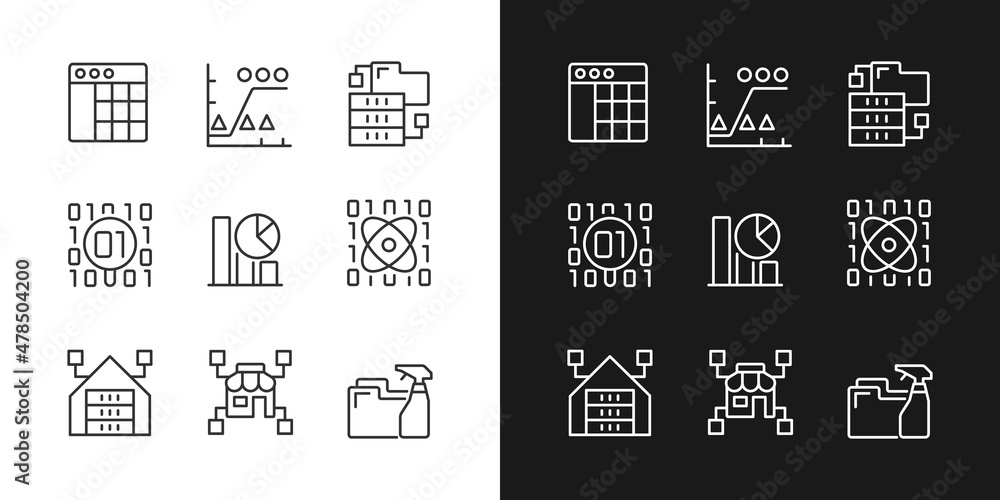 Poster data mining in industry linear pixel perfect icons set for dark and light mode. knowledge discoverin