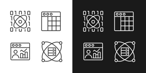 Science data mining linear pixel perfect icons set for dark and light mode. Tools for virtual researching. Engineering system. Customizable thin line symbols. Isolated vector outline illustrations