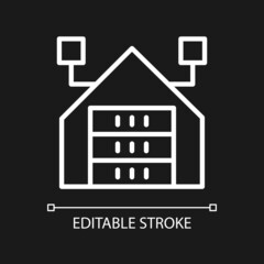 Virtual information warehousing white linear pixel perfect icon for dark theme. Thin line customizable illustration. Isolated vector contour symbol for night mode. Editable stroke. Arial font used