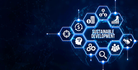 Internet, business, Technology and network concept. SUSTAINABLE DEVELOPMENT inscription, cloud technology concept. 3d illustration.