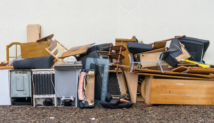 Bulky waste, furniture, garbage, bulky rubbish heap, house, house wall, lamp, chair,  wood, waste,...