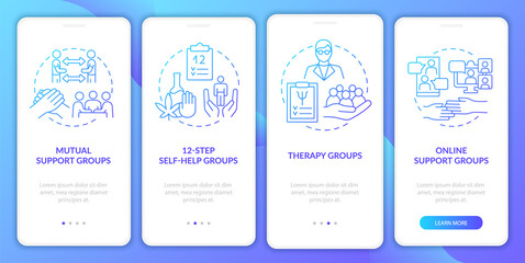 Specialized support groups blue gradient onboarding mobile app screen. Walkthrough 4 steps graphic instructions pages with linear concepts. UI, UX, GUI template. Myriad Pro-Bold, Regular fonts used