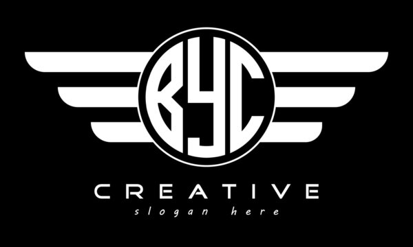 BYC three letter monogram type circle letter logo with wings vector template.
