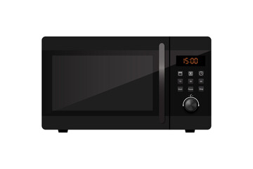 Fototapeta premium Black microwave oven with timer, front view, isolated on white background