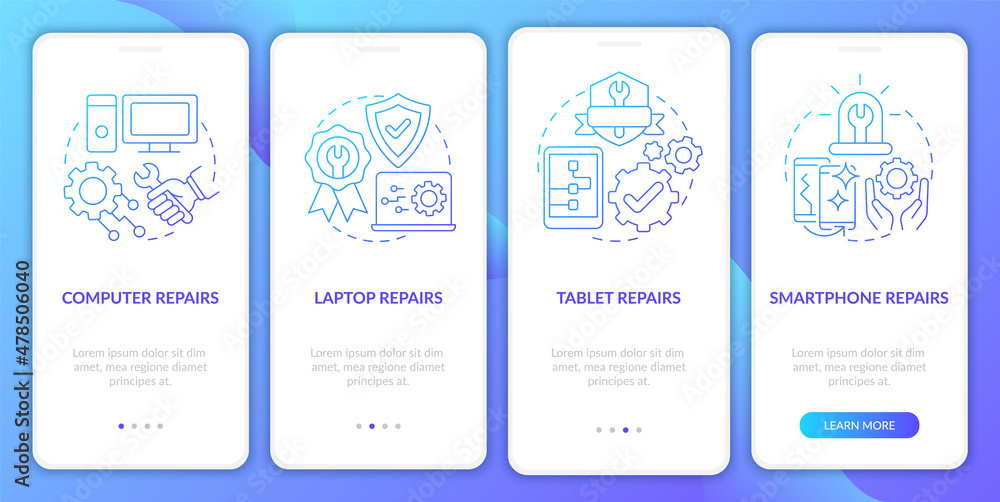 Poster types of services blue gradient onboarding mobile app screen. walkthrough 4 steps graphic instructio