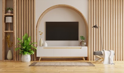 Living room interior with tv on cabinet and decorative lath on empty white wall background. - obrazy, fototapety, plakaty