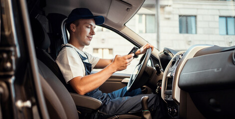 Fast delivery of goods and courier service driver.  Delivery of a box of products and goods to your...