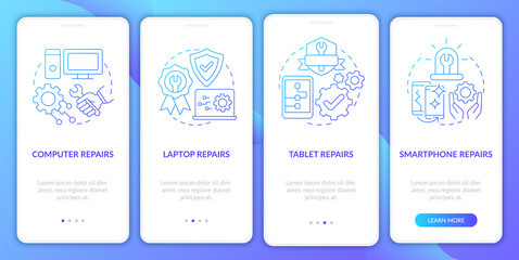 Types of services blue gradient onboarding mobile app screen. Walkthrough 4 steps graphic instructions pages with linear concepts. UI, UX, GUI template. Myriad Pro-Bold, Regular fonts used