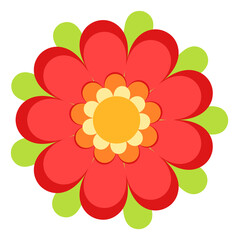 Bright red flower with green leaves. Decorative summer blossom