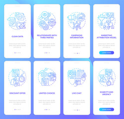 Fototapeta na wymiar Digital marketing blue gradient onboarding mobile app screen set. Ad walkthrough 4 steps graphic instructions pages with linear concepts. UI, UX, GUI template. Myriad Pro-Bold, Regular fonts used