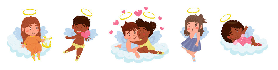 Funny kids cupids with wings characters, boys and girls with romantic arrows, trumpet and bows, blonde heaven angelic children on clouds different poses. Collection of cute children angels in cartoon 