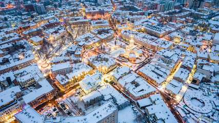 Top view of Ivano-Frankivsk in winter at Christmas time