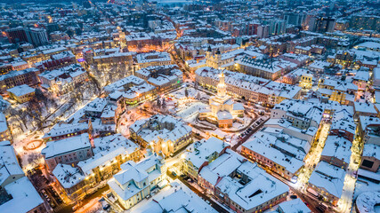 Obraz premium Top view of Ivano-Frankivsk in winter at Christmas time