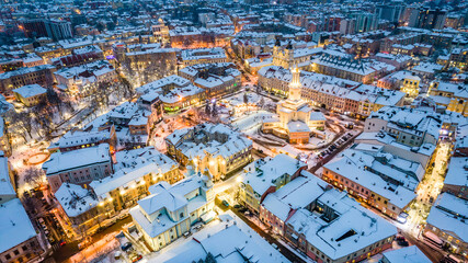 Top view of Ivano-Frankivsk in winter at Christmas time