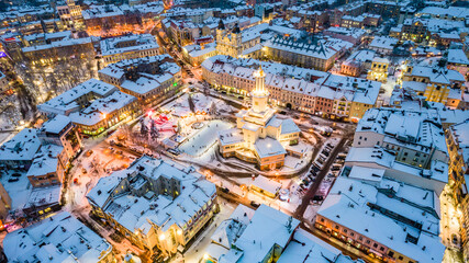 Top view of Ivano-Frankivsk in winter at Christmas time
