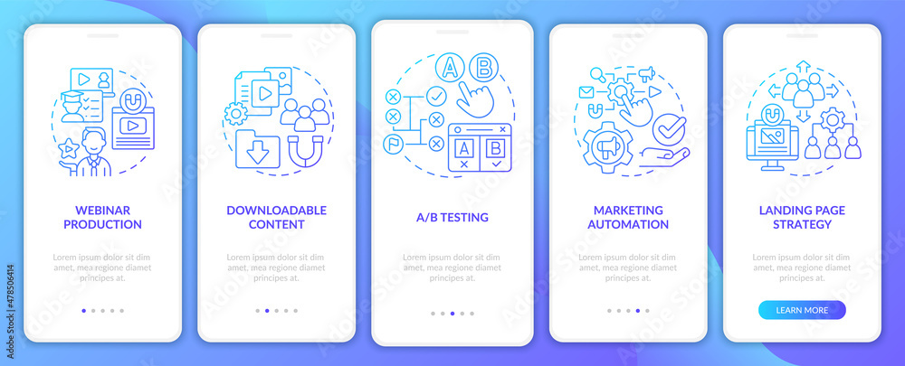 Poster digital marketing types blue gradient onboarding mobile app screen. ad walkthrough 5 steps graphic i