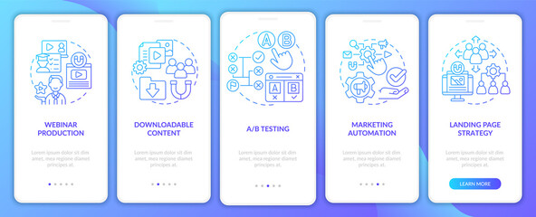 Digital marketing types blue gradient onboarding mobile app screen. Ad walkthrough 5 steps graphic instructions pages with linear concepts. UI, UX, GUI template. Myriad Pro-Bold, Regular fonts used