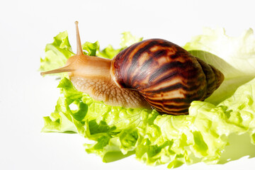 Giant tropical brown snail Achatina eating green lettuce over white background. Baby Snail akhatina with a shell macro photography. Close-up of a mollusk.