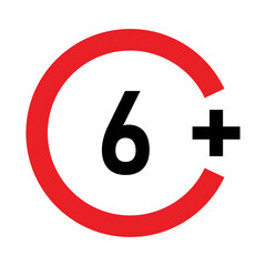 6 plus sign. Six. Age restrictions, censorship and parental control. Icon for content, movies, food and toys.