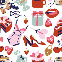 Vector illustration set of cute objects and icons for Valentine s Day. Seamless pattern.