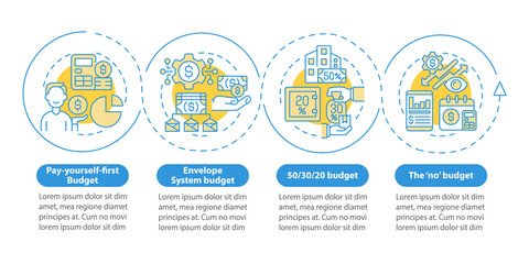 Budget approaches blue circle infographic template. Financial plan. Data visualization with 4 steps. Process timeline info chart. Workflow layout with line icons. Myriad Pro-Bold, Regular fonts used