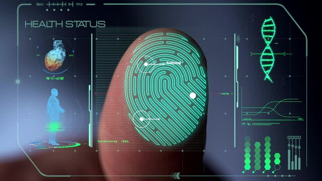 Futuristic medical fingerprint scanner collecting information showing holograms 