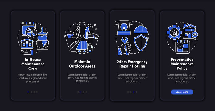 Repairs night mode onboarding mobile app screen. Service walkthrough 4 steps graphic instructions pages with linear concepts. UI, UX, GUI template. Myriad Pro-Bold, Regular fonts used