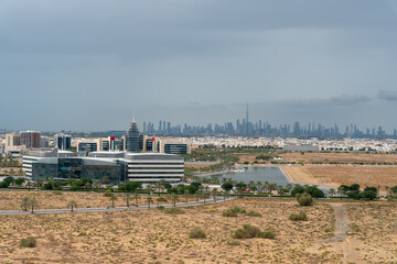 Dubai, United Arab Emirates – January 01, 2022, The Dubai skyline view for top of the building from Dubai Silicon Oasis (DSO) at rainy day