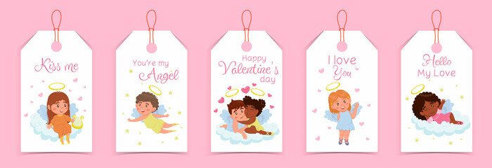 Valentine's day label collection with cupids, children angels and cute lettering isolated on white background