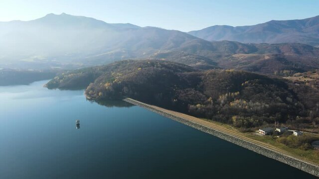 Aerial view of Srechenska Bara Reservoir, Montana Region, Bulgaria
