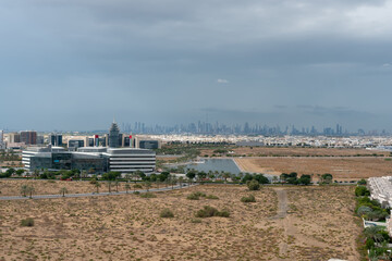 Dubai, United Arab Emirates – January 01, 2022, The Dubai skyline view for top of the building from Dubai Silicon Oasis (DSO) at rainy day