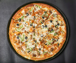 Chicken Fajita Pizza isolated on wooden background, spiced chicken cubes and cheese combination on bread, Italian food top view